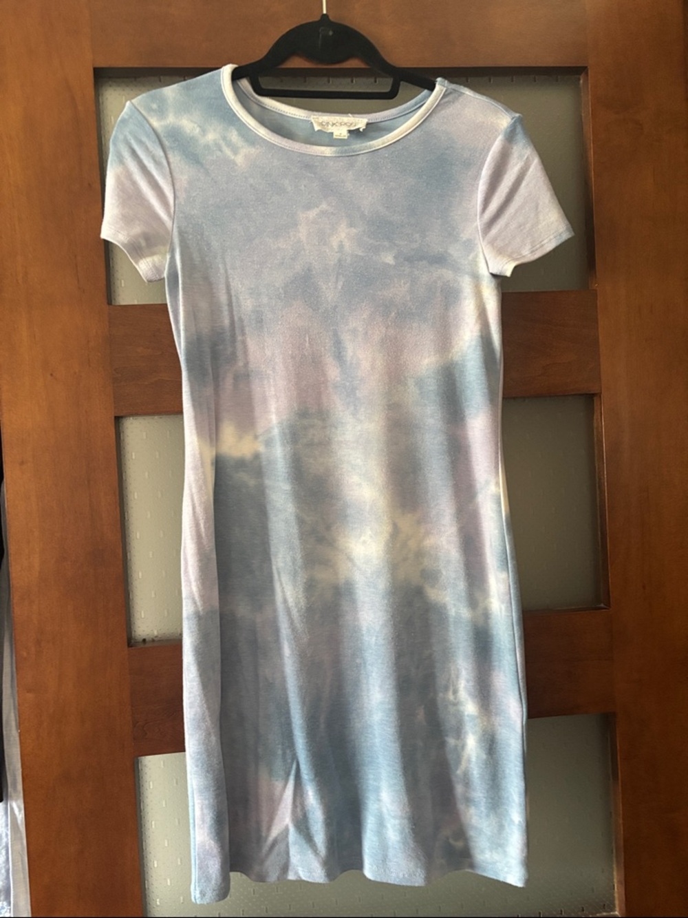 Pink Rose Tie-Dye Short Sleeve Mini Dress in Light Blue and White